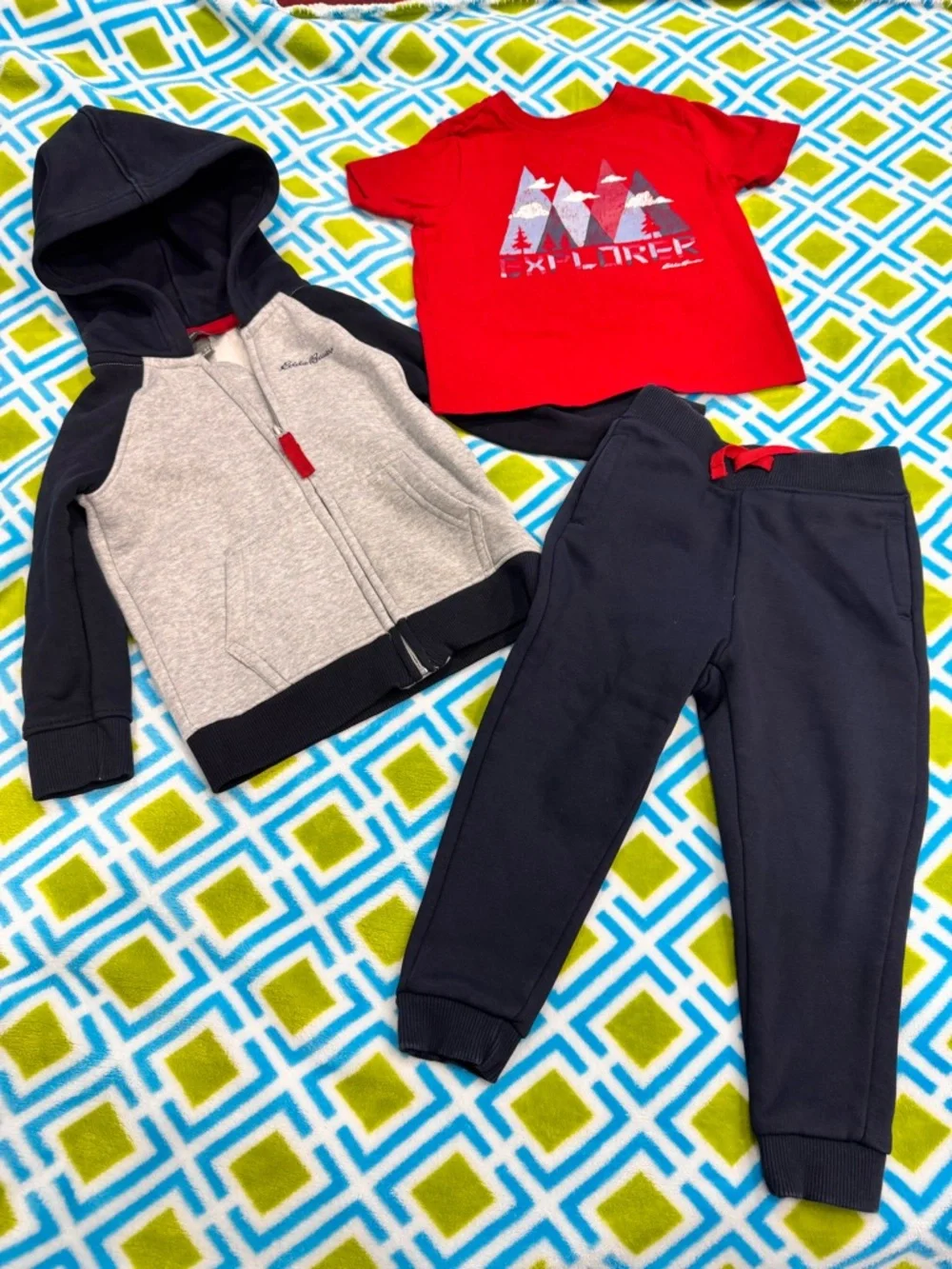 Eddie Bauer Red Tee with Gray & Navy Hoodie Jogger Set